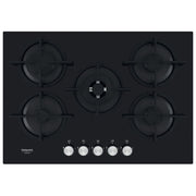 Hotpoint piano cottura a gas da incasso, 5 fuochi, 73 cm, superficie in vetro nero, griglie in ghisa, HAGS 72S BK