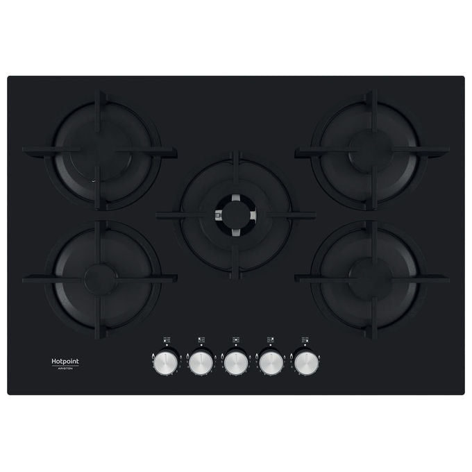 Hotpoint piano cottura a gas da incasso, 5 fuochi, 73 cm, superficie in vetro nero, griglie in ghisa, HAGS 72S BK