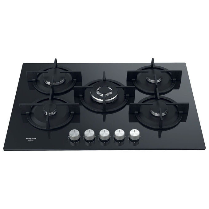 Hotpoint piano cottura a gas da incasso, 5 fuochi, 73 cm, superficie in vetro nero, griglie in ghisa, HAGS 72S BK