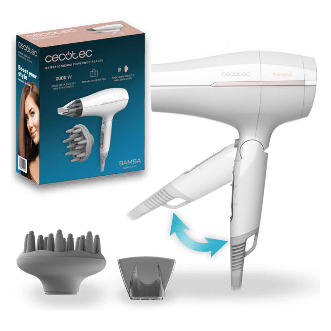 Cecotec Asciugacapelli Ionicare PowerandGo Heaven 2000 W Bianco con Ioni da Viaggio