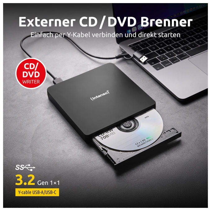 Intenso Masterizzatore CD-DVD Esterno USB 3.2 Slim EOD 400D Nero con Ashampoo Burning Studio
