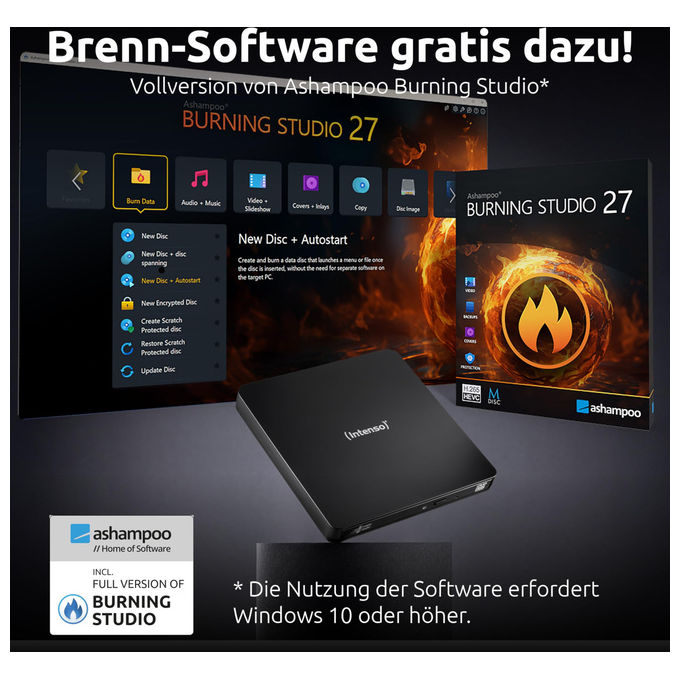 Intenso Masterizzatore CD-DVD Esterno USB 3.2 Slim EOD 400D Nero con Ashampoo Burning Studio