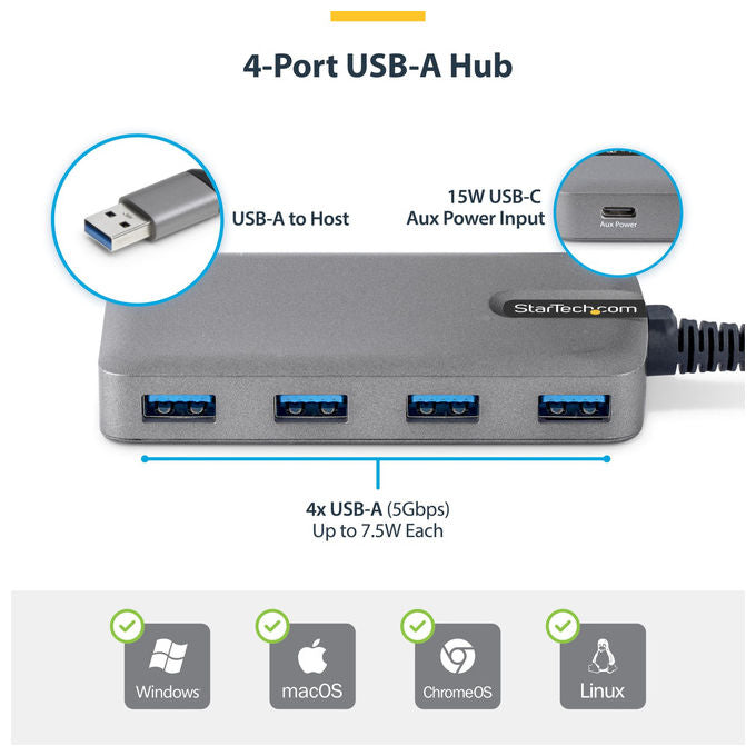 Startech.com Hub USB-A 4 Porte 5Gbps Alimentazione Bus Ingresso USB-C Cavo 30cm Portatile