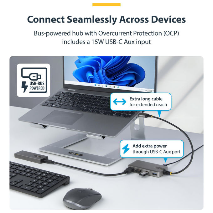 Startech.com Hub USB-A 4 Porte 5Gbps Alimentazione Bus Ingresso USB-C Cavo 30cm Portatile