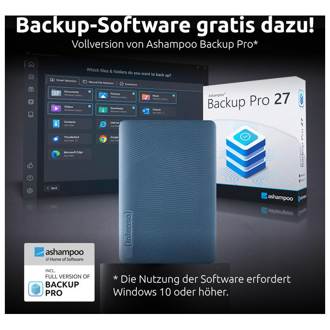 Intenso, Hard Disk Esterno Portatile, 2.5'', USB 3.2 Gen 1, Ashampoo Backup Pro, per PC e Mac