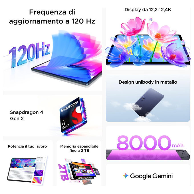 Tcl, Tab A1 Plus, 6GB+128GB, Display 2.4K 12,2'' 120 Hz, Processore 4 nm, Grigio