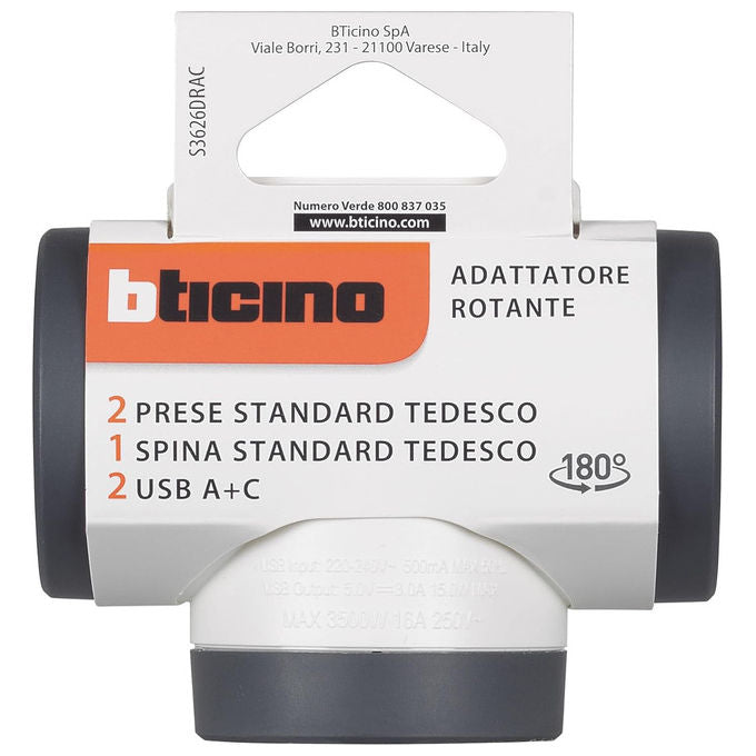 Bticino Adattatore Rotante 2 Prese Schuko 2 USB 15W Spina 16A Rotante