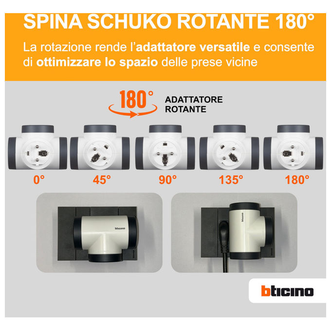 Bticino Adattatore Rotante 2 Prese Schuko 2 USB 15W Spina 16A Rotante