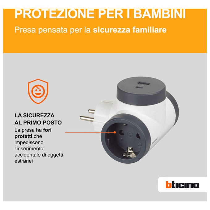Bticino Adattatore Rotante 2 Prese Schuko 2 USB 15W Spina 16A Rotante