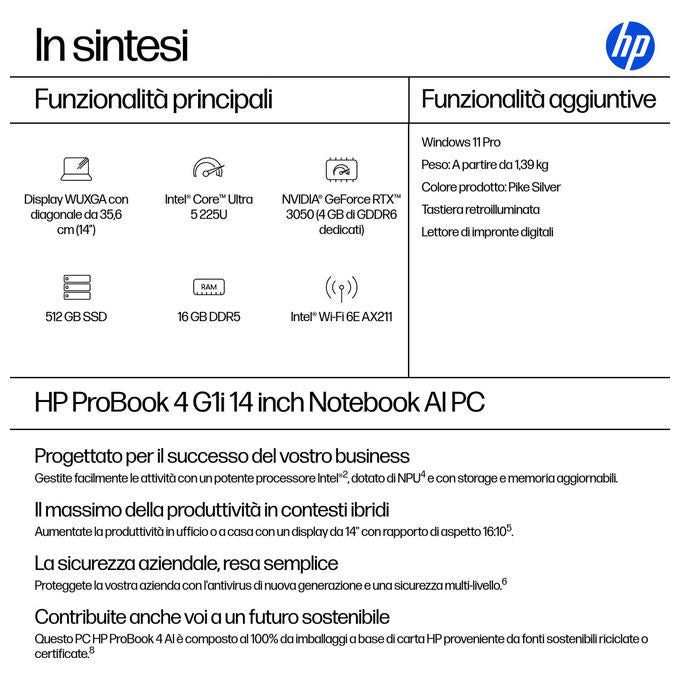 HP ProBook 4 G1i Intel Core Ultra 5 16GB RAM 512GB SSD 14 pollici Argento Windows 11 Pro