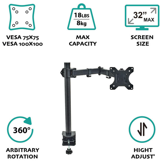 Overmust Braccio Singolo per Monitor 13-32'' Regolabile in Altezza 10 kg Nero