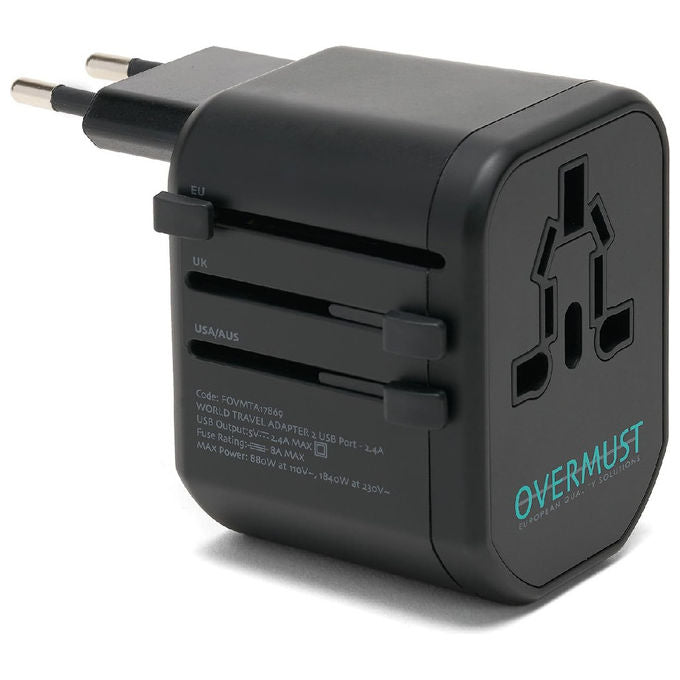 Overmust Adattatore da Viaggio Universale 2 Porte USB Spine UK-EU-USA-AUS 110-240W