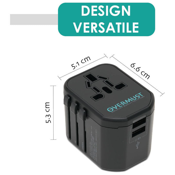 Overmust Adattatore da Viaggio Universale 2 Porte USB Spine UK-EU-USA-AUS 110-240W