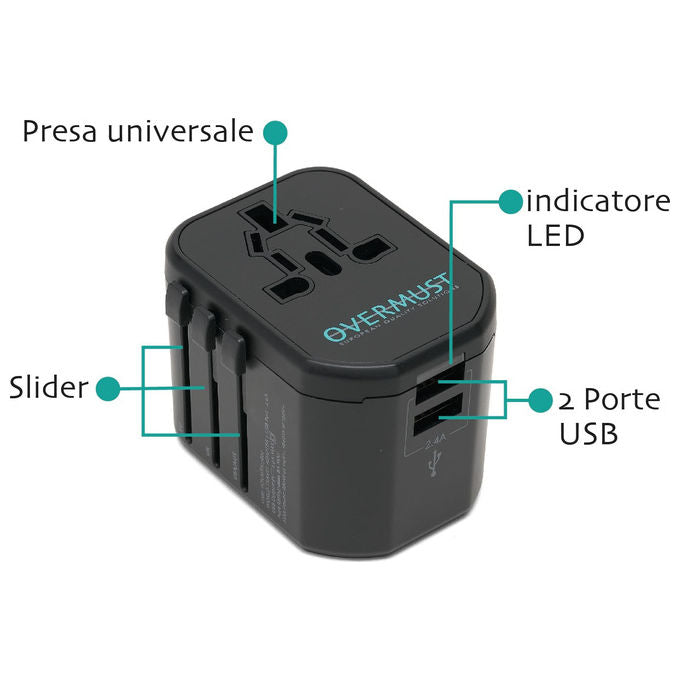 Overmust Adattatore da Viaggio Universale 2 Porte USB Spine UK-EU-USA-AUS 110-240W