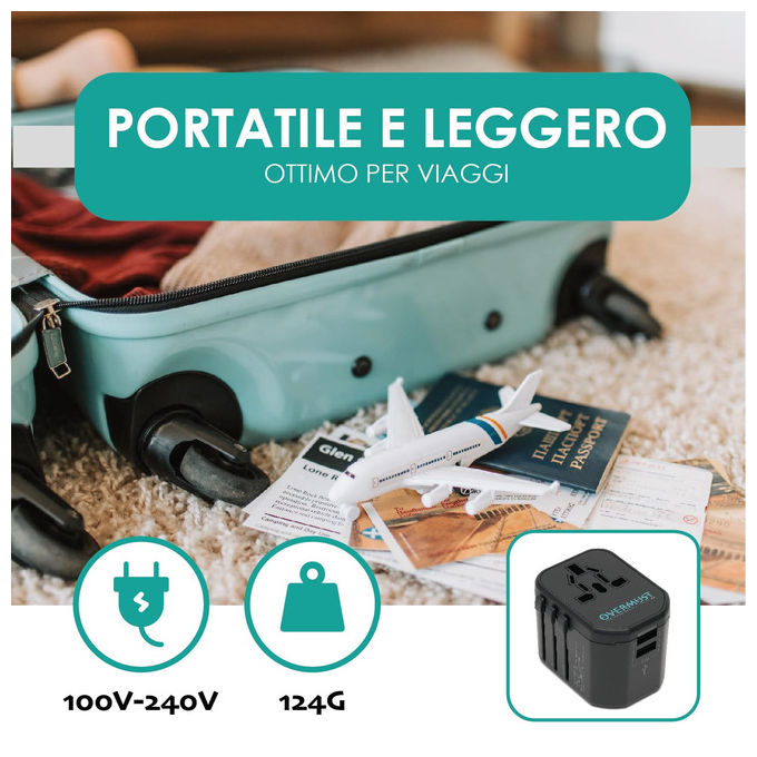 Overmust Adattatore da Viaggio Universale 2 Porte USB Spine UK-EU-USA-AUS 110-240W