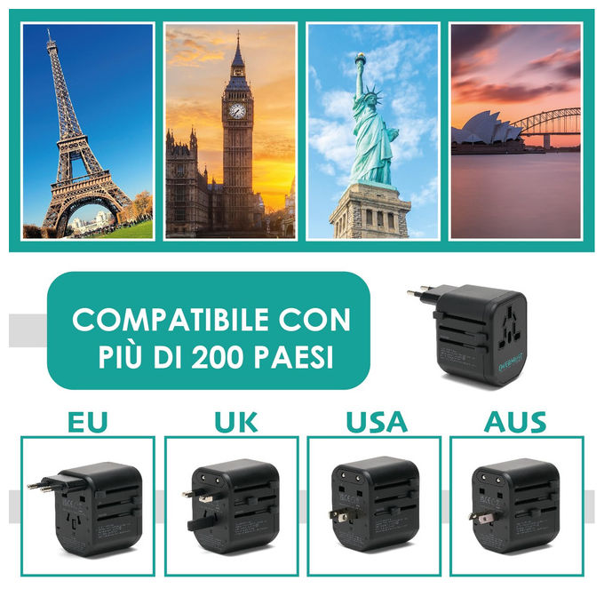 Overmust Adattatore da Viaggio Universale 2 Porte USB Spine UK-EU-USA-AUS 110-240W