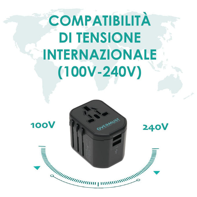 Overmust Adattatore da Viaggio Universale 2 Porte USB Spine UK-EU-USA-AUS 110-240W