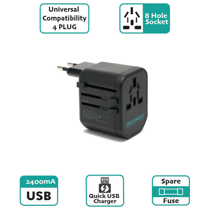 Overmust Adattatore da Viaggio Universale 2 Porte USB Spine UK-EU-USA-AUS 110-240W