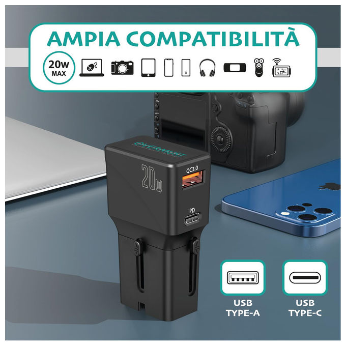 Overmust Adattatore Universale da Viaggio 20W Ricarica Rapida Compatibile 200+ Paesi con USB-C e USB-A