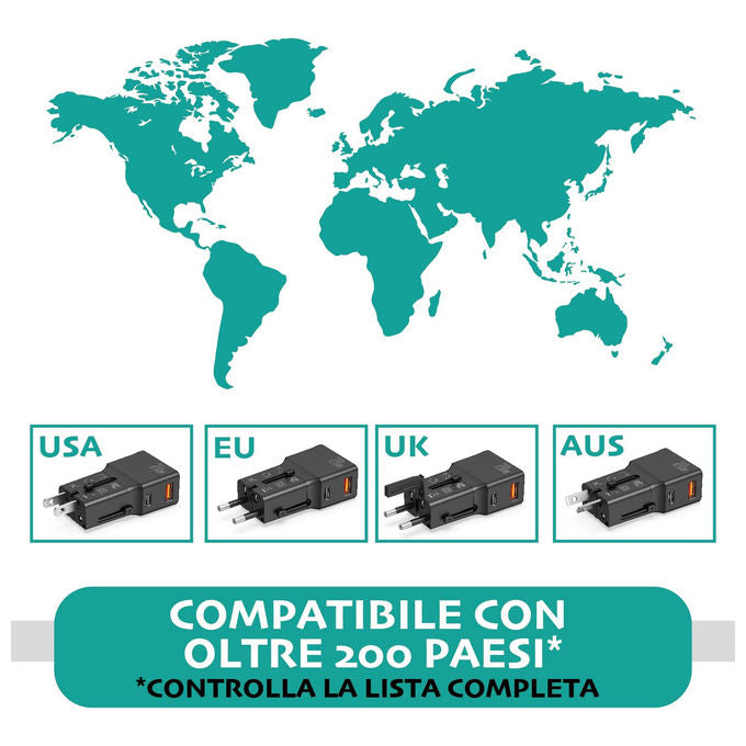 Overmust Adattatore Universale da Viaggio 20W Ricarica Rapida Compatibile 200+ Paesi con USB-C e USB-A