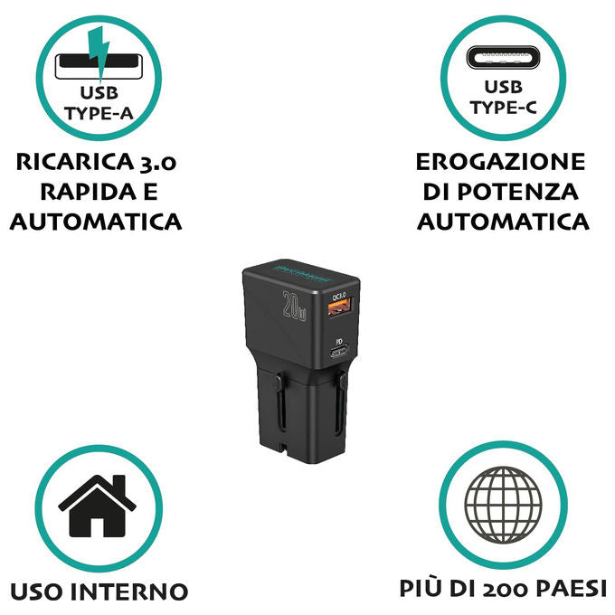 Overmust Adattatore Universale da Viaggio 20W Ricarica Rapida Compatibile 200+ Paesi con USB-C e USB-A