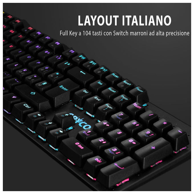 Spyco, Tastiera Meccanica Italiana, Retroilluminata LED, Anti-Ghosting 25 Tasti, Switch Marroni, Nera