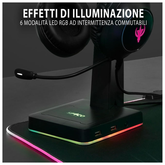 Spyco Supporto Cuffie Gaming Keeper HS-131 LED RGB 2 Porte USB 2.0 Nero
