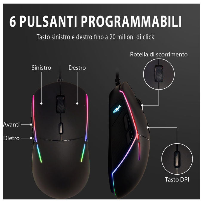 Spyco Mouse Gaming Ergonomico Sensore Pixart 3360 12000 DPI 6 Pulsanti Programmabili RGB Dinamico Nero