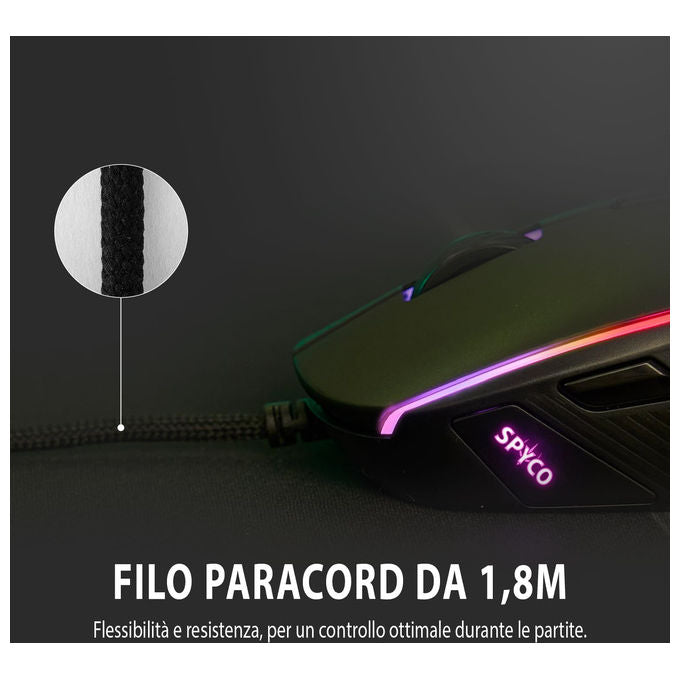 Spyco Mouse Gaming Ergonomico Sensore Pixart 3360 12000 DPI 6 Pulsanti Programmabili RGB Dinamico Nero