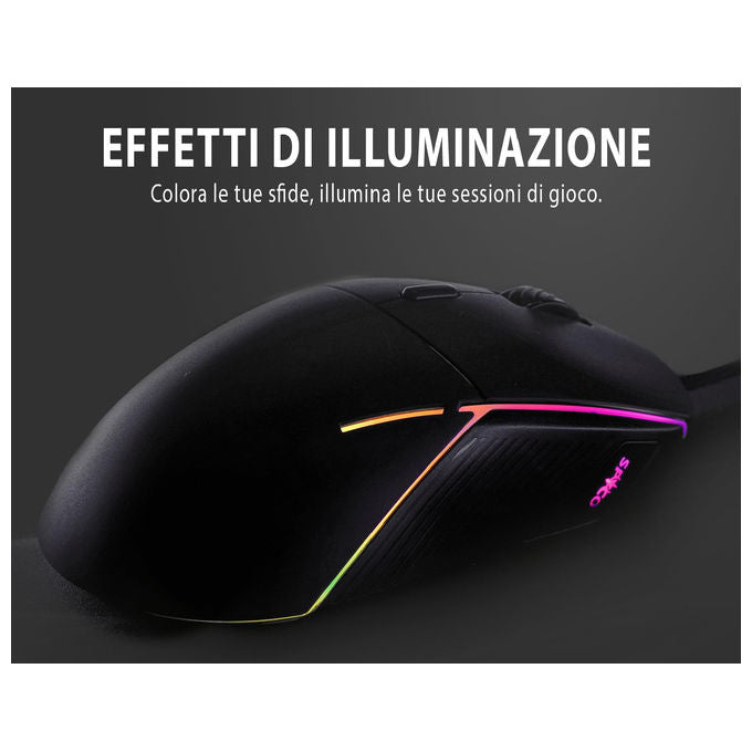 Spyco Mouse Gaming Ergonomico Sensore Pixart 3360 12000 DPI 6 Pulsanti Programmabili RGB Dinamico Nero