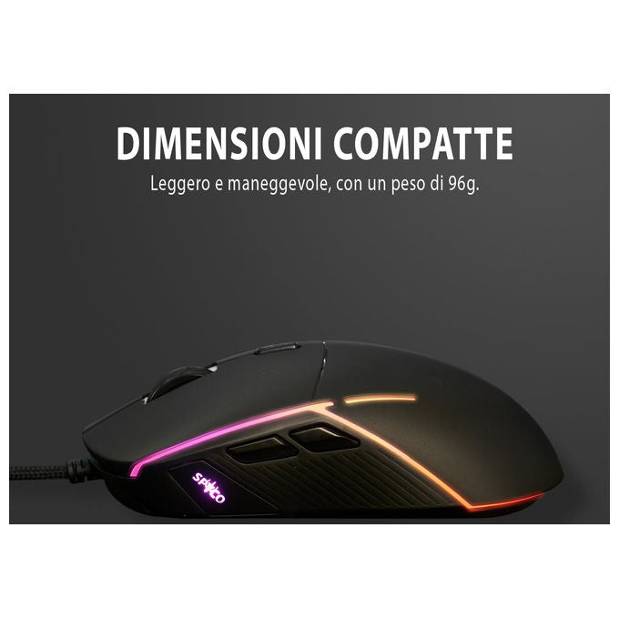 Spyco Mouse Gaming Ergonomico Sensore Pixart 3360 12000 DPI 6 Pulsanti Programmabili RGB Dinamico Nero