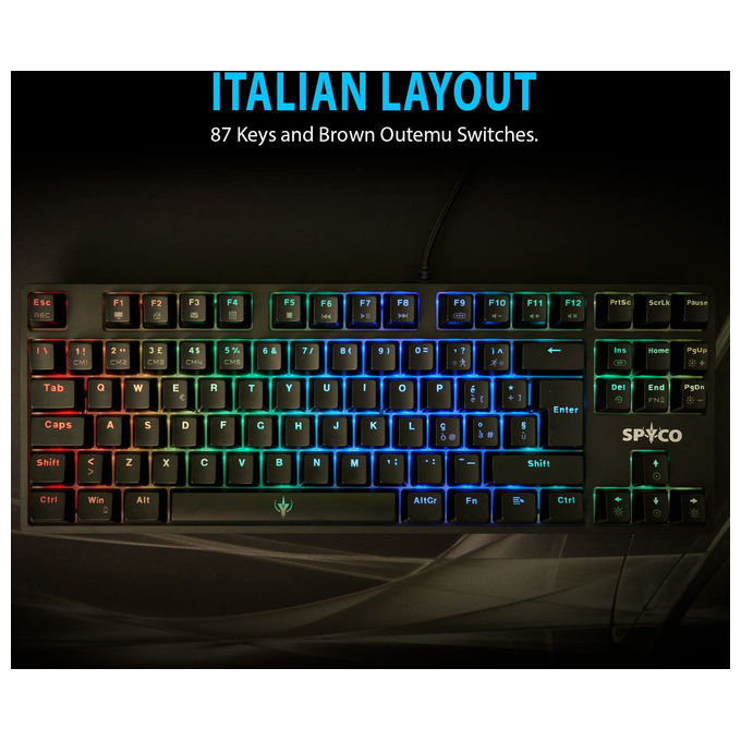 Spyco, Tastiera Gaming Meccanica, Layout Italiano 87 Tasti, Switch Marroni Outemu, RGB