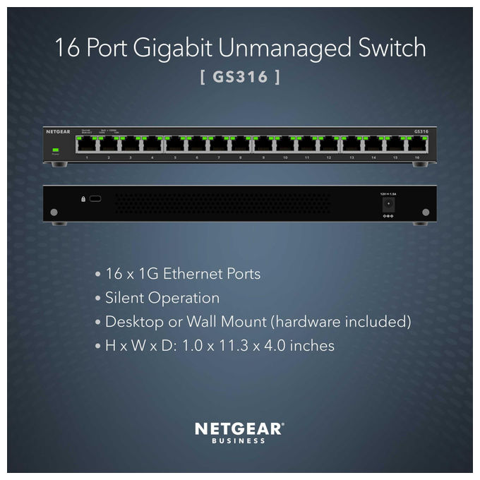 Netgear, Switch Gigabit a 16 Porte GS316, Montaggio Desktop o a Parete