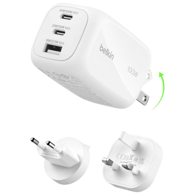 Belkin, Caricabatteria da muro GaN 100W, 2 USB-C, 1 USB-A, Ricarica Rapida per MacBook, iPhone, Samsung, Bianco
