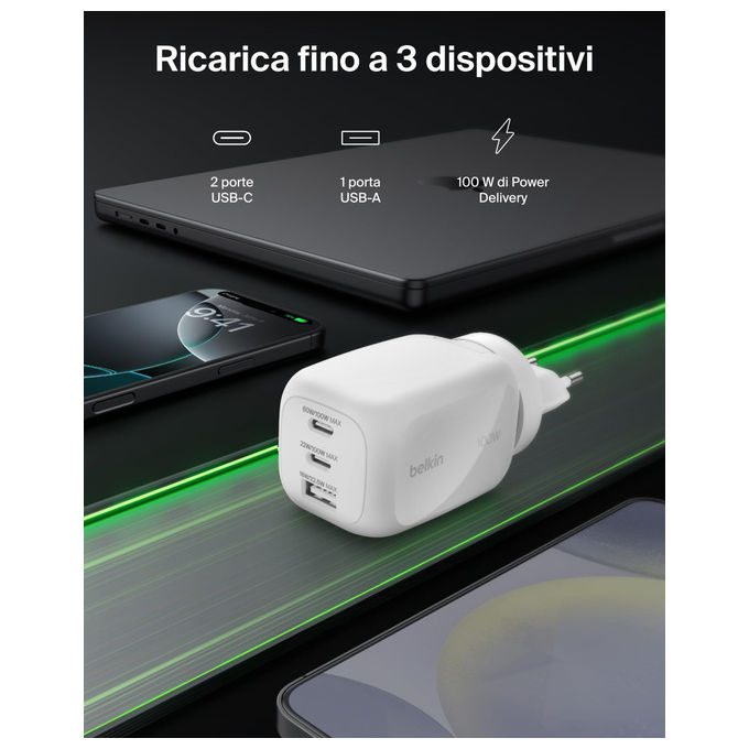 Belkin, Caricabatteria da muro GaN 100W, 2 USB-C, 1 USB-A, Ricarica Rapida per MacBook, iPhone, Samsung, Bianco