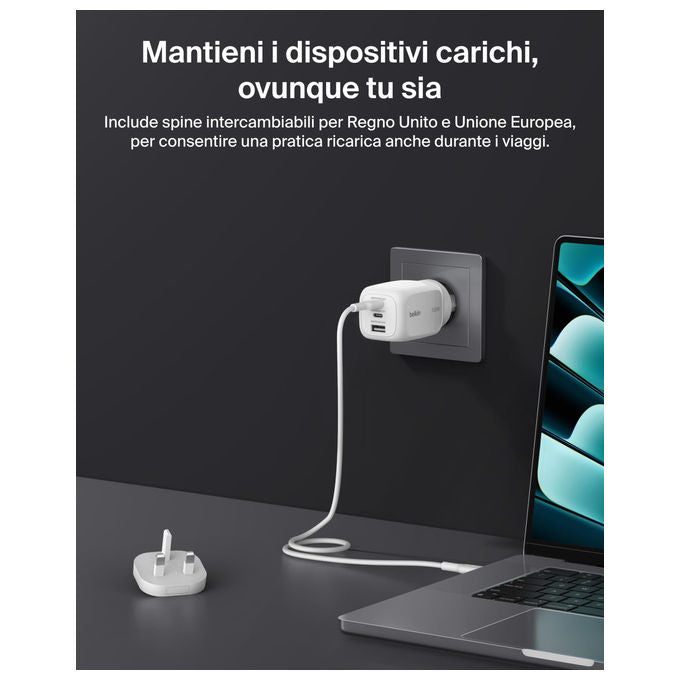 Belkin, Caricabatteria da muro GaN 100W, 2 USB-C, 1 USB-A, Ricarica Rapida per MacBook, iPhone, Samsung, Bianco