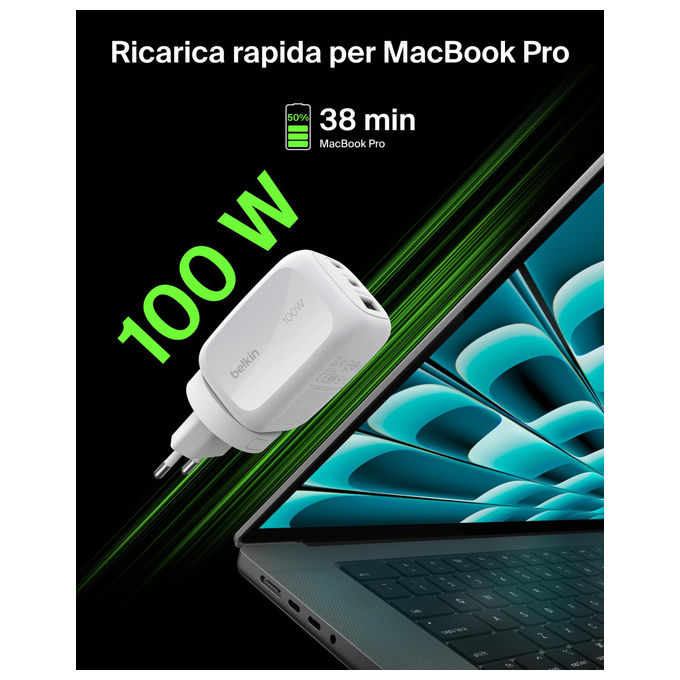 Belkin, Caricabatteria da muro GaN 100W, 2 USB-C, 1 USB-A, Ricarica Rapida per MacBook, iPhone, Samsung, Bianco