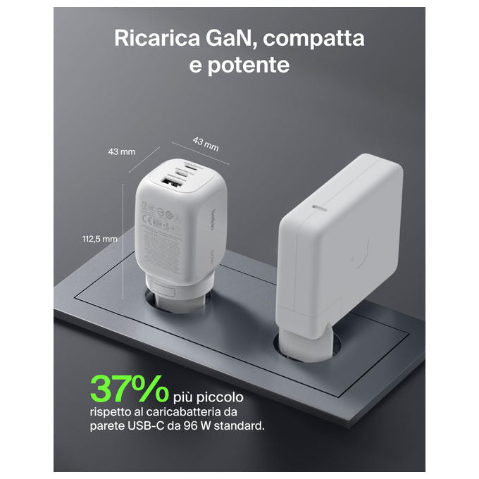 Belkin, Caricabatteria da muro GaN 100W, 2 USB-C, 1 USB-A, Ricarica Rapida per MacBook, iPhone, Samsung, Bianco