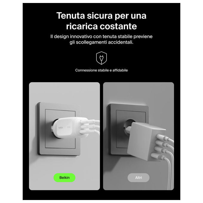 Belkin, Caricabatteria da muro GaN 100W, 2 USB-C, 1 USB-A, Ricarica Rapida per MacBook, iPhone, Samsung, Bianco