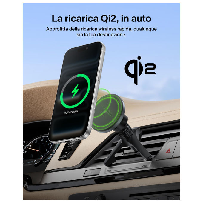 Belkin Caricatore Auto Wireless Magnetico Qi2 Ricarica Rapida iPhone 17 Galaxy S25 Nero
