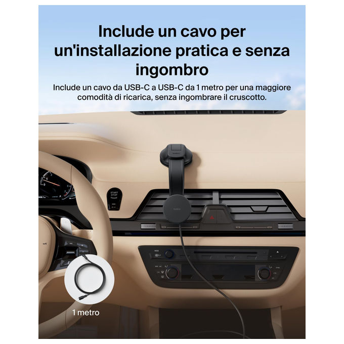 Belkin Caricatore Auto Wireless Magnetico Qi2 Ricarica Rapida iPhone 17 Galaxy S25 Nero