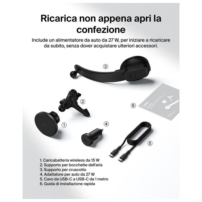 Belkin Caricatore Auto Wireless Magnetico Qi2 Ricarica Rapida iPhone 17 Galaxy S25 Nero