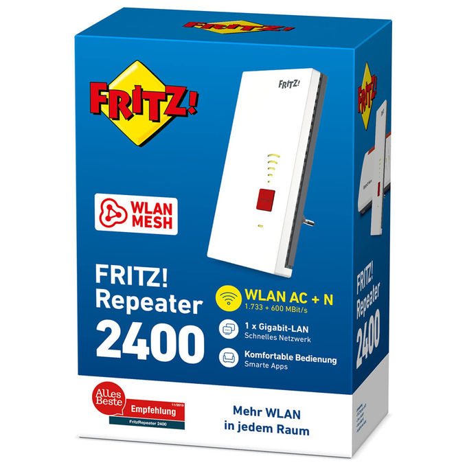 Fritz! Repeater 2400, Dual-WLAN AC + N, 1.733 Mbit-s, 600MBit-s, Gigabit-LAN, WLAN Mesh