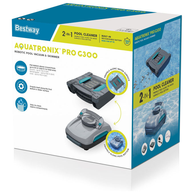 Bestway 58942 AquaTronix Pro G300 Robot Piscina 2in1 Aspiratore e Skimmer Cordless Batteria Litio 120 min fino a 50 m² colore Grigio