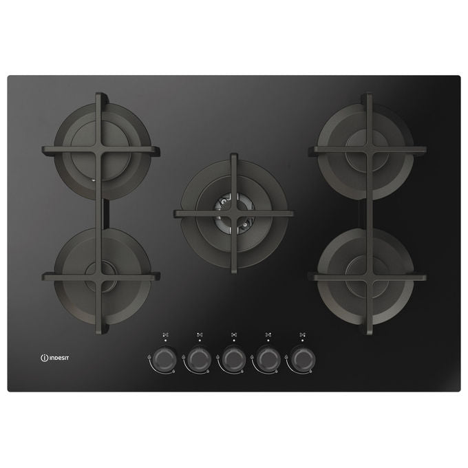 Indesit, Piano Cottura a Gas, 75 cm, 5 Fuochi, Vetro Nero