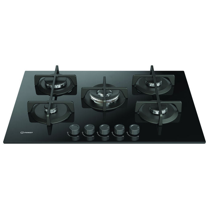 Indesit, Piano Cottura a Gas, 75 cm, 5 Fuochi, Vetro Nero