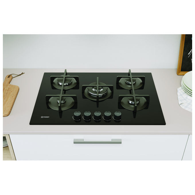Indesit, Piano Cottura a Gas, 75 cm, 5 Fuochi, Vetro Nero