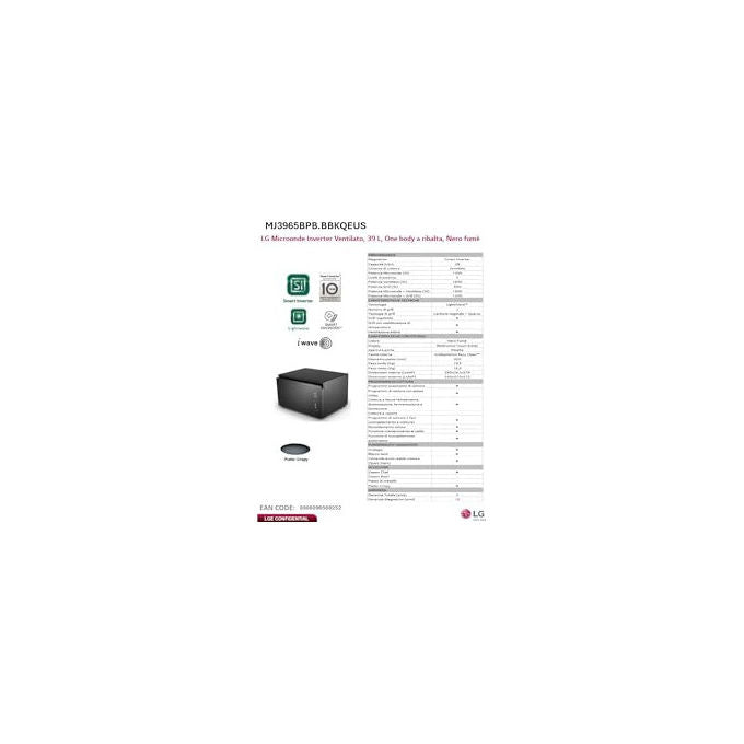 LG MJ3965BPB NeoChef Forno a Microonde Combinato con Grill 39 L 1100 W Smart Inverter Frittura Fermentazione Vapore colore Nero