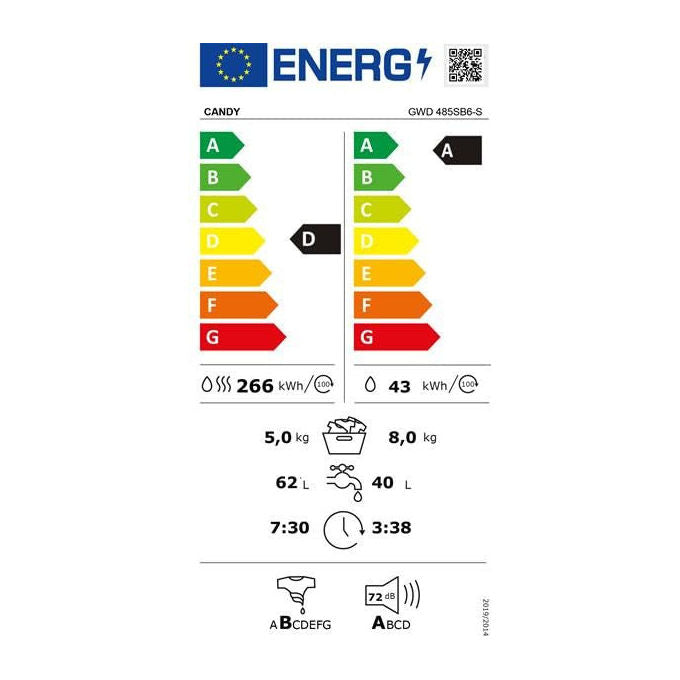 Candy GWD485SB6-S ProWash 300 Lavasciuga Slim 8-5 Kg 1400 rpm Classe A Inverter Fresh Vapor (85x59.5x53.3 cm) colore Bianco