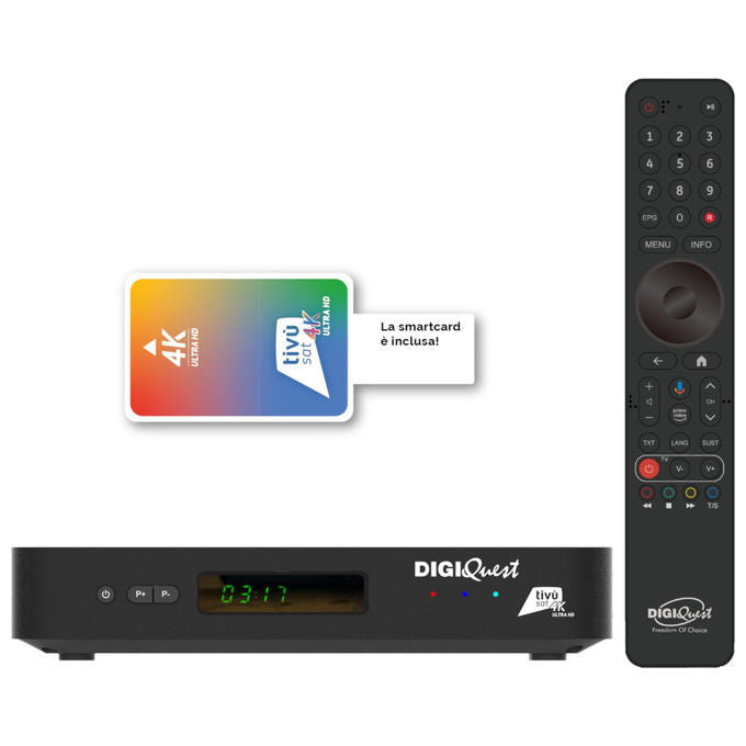 Digiquest RICD1247 AX3 Decoder Combo 4K Ultra HD Triplo Tuner DVB-T2 DVB-S2 tivu'sat Android TV Google Assistant Smartcard Inclusa colore Nero